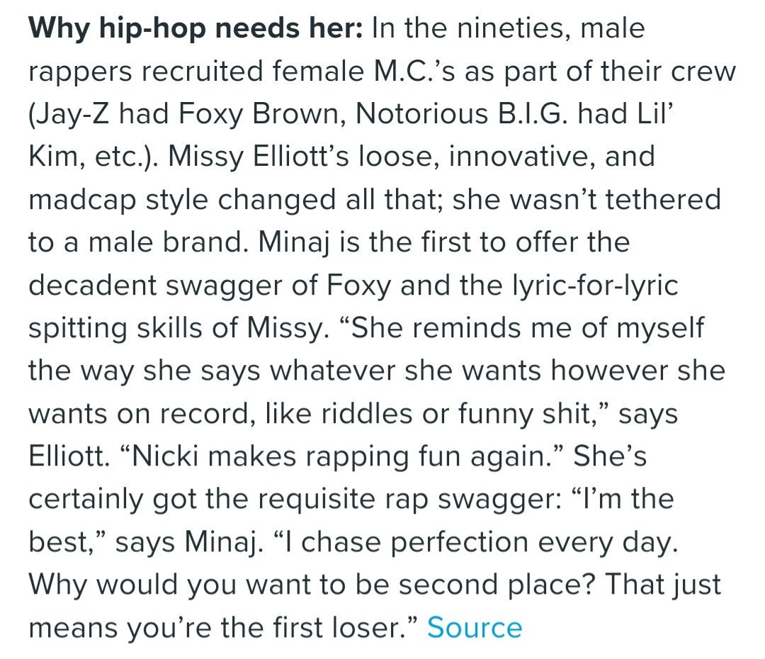 In this interview Missy Elliott, mentions how  @NickiMinaj often says whatever she wants or however she wants on a record and says "Nicki makes rapping fun again!" Here is the link DIRECTLY to NYmag since we dont need to CAP for any reason. https://nymag.com/guides/summer/2010/66786/