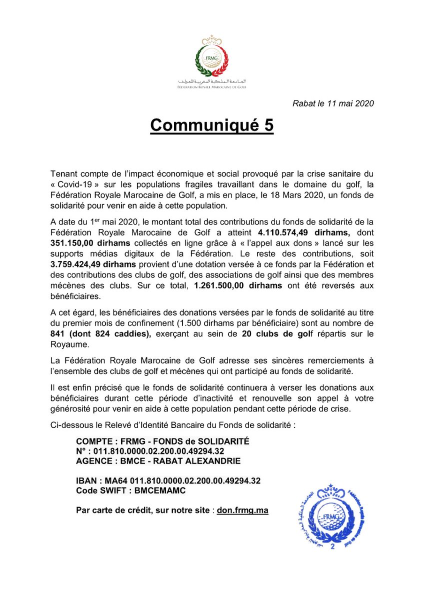 frmgolf's tweet photo. #communiqué  #بيان 

تبرعات صندوق الدعم الوطني المحدث من طرف الجامعة الملكية المغربية للغولف 🇲🇦 .

Les contributions du fonds de solidarité de la Fédération Royale Marocaine de Golf #FRMG .

 #المغرب 
#Morocco  
#COVIDー19  #StaySafe https://t.co/Zlxk1NZYTP