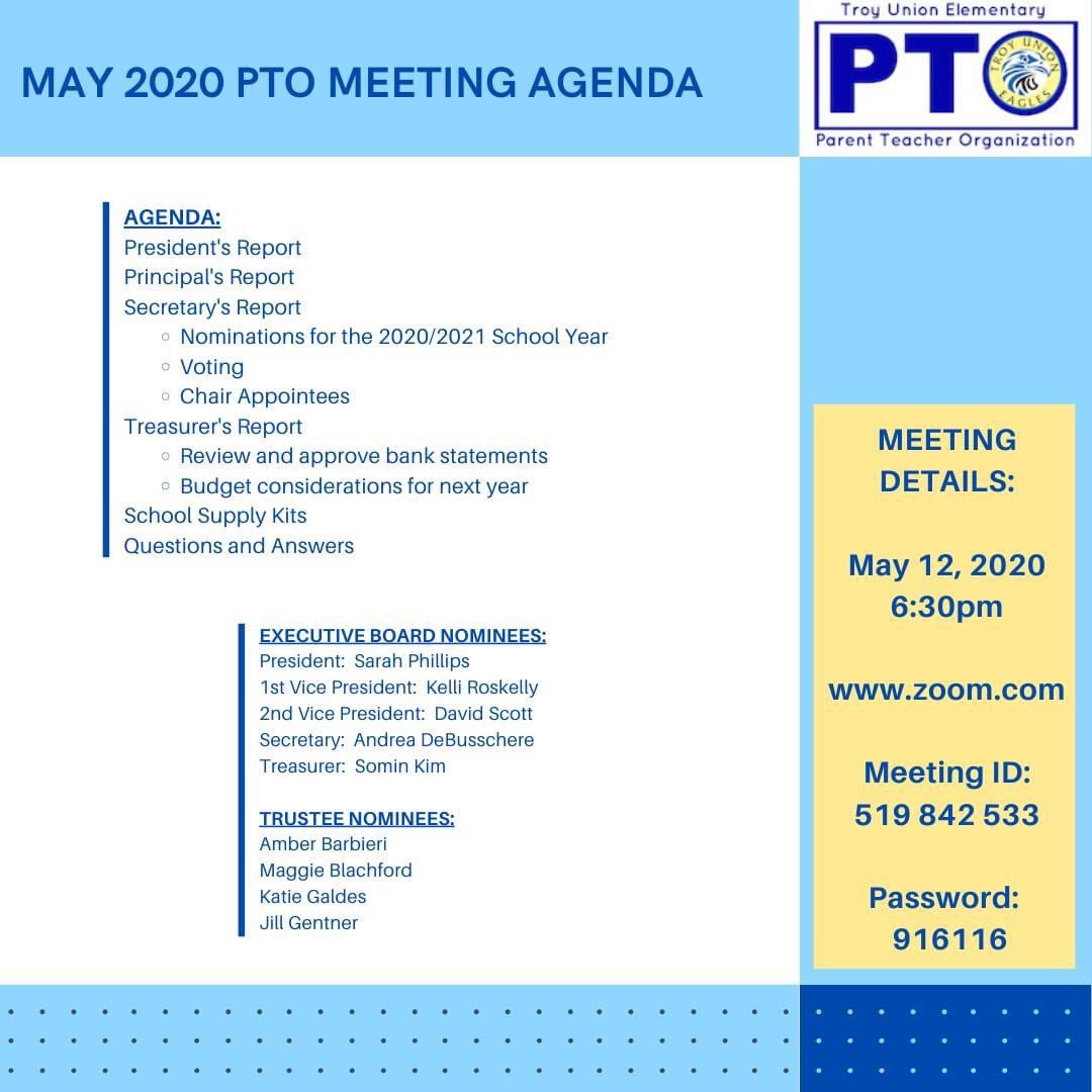TroyUnionPTO's tweet photo. PTO Meeting tonight!!! Join us @ 6:30pm on Zoom!! Everyone is Welcome to Join😀 @TroyUnion #TroyUnion https://t.co/sw3JK3agH8