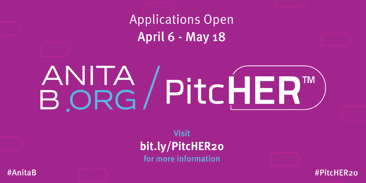 We're accepting applications for PitcHER20! Finalists will compete for a total of $100,000 in prize money at #GHC20! Learn more and apply today: bit.ly/PitcHER20 #AnitaB