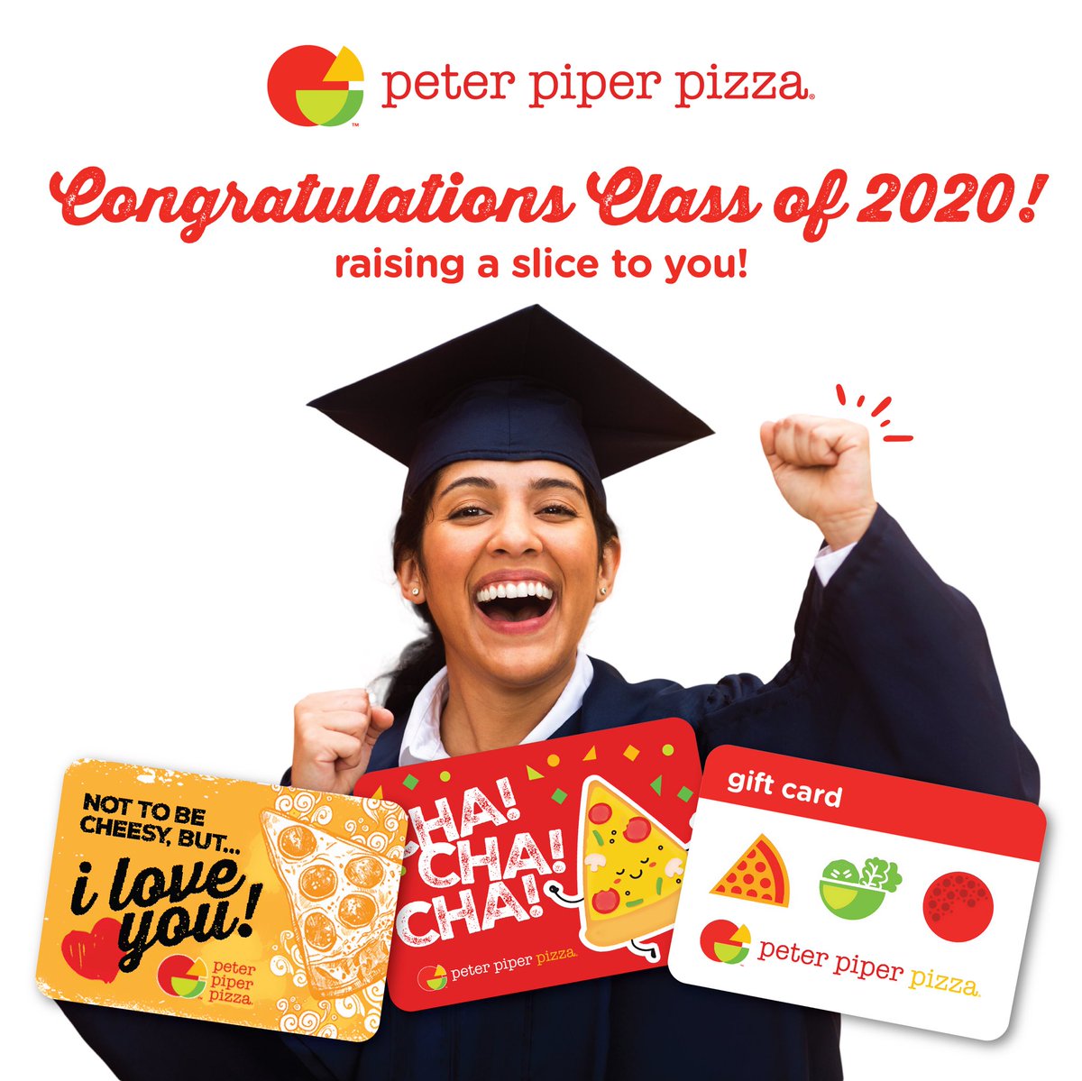 PCctx's tweet image. Let’s raise a slice to the Class of 2020! 🎓. Congratulate the special graduate in your life with a gift card from Peter Piper Pizza 🍕. Get one today at peterpiperpizza.cashstar.com