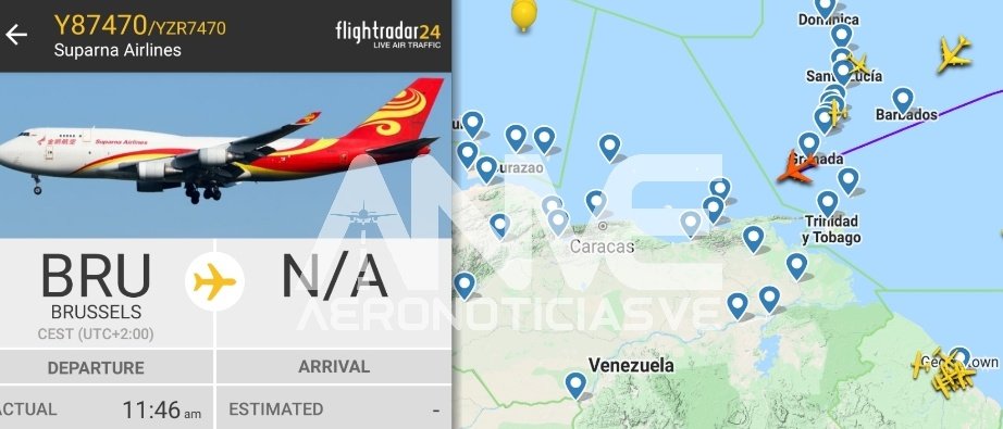 AeroNoticiasVE's tweet photo. Avion B-747 #B2432 de la aerolΓnea China π¨π³ #SuparnaAirlines proveniente de Belgica π§πͺ , proximo a Maiquetia con ayuda humanitaria (suministro y otros insumos) #COVID19 https://t.co/4a0DJlVWGb