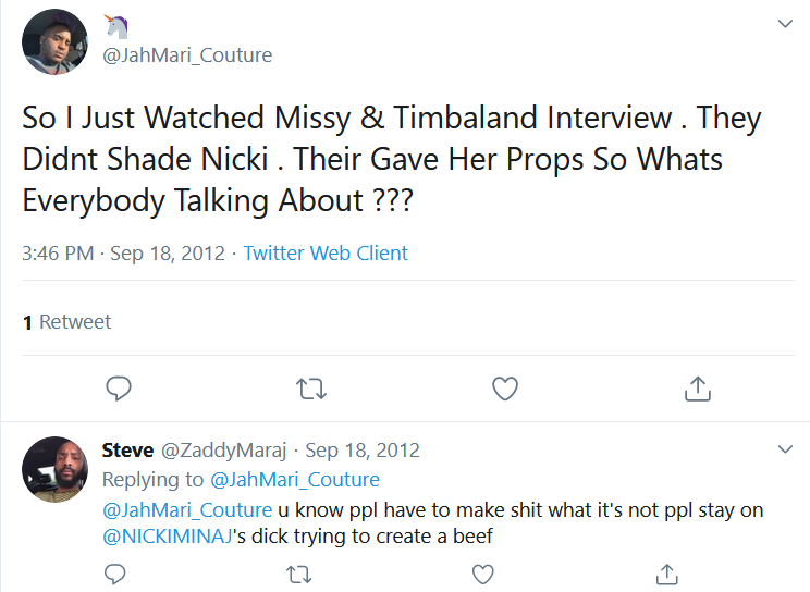 Some barb EDITED this interview & it was RTd countless of times to make Missy seem like she was shading Nicki BUT if u listen to the FULL interview. Missy clearly states that we HAVE to respect the legends, AS WELL as embrace the newcomers.Kim was the legend, Nicki the newcomer.