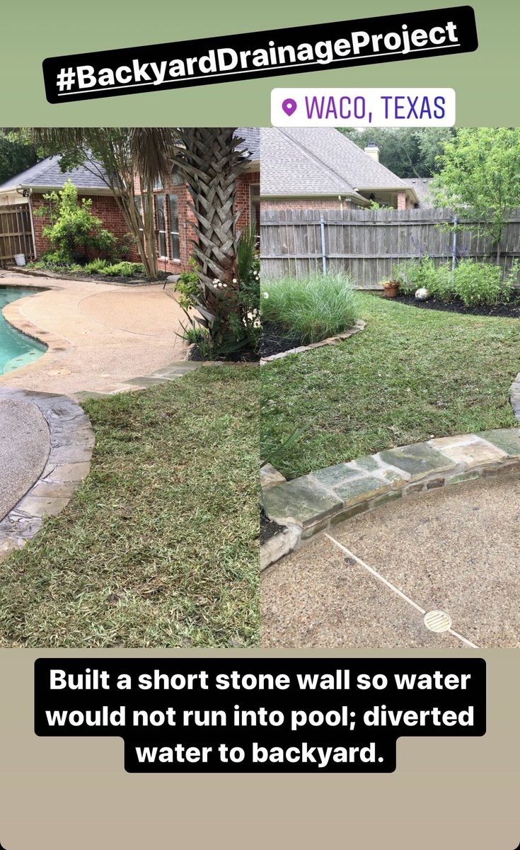 FitzgeraldsWaco's tweet photo. Just a small drainage project where we built a short stone wall to divert water into the yard instead of the pool! https://t.co/hU10A0tQ2F