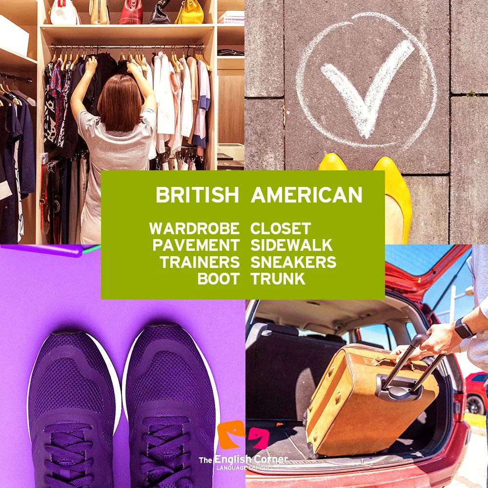 EnglishCornerLS's tweet photo. Como ya sabéis, existen diferencias entre el inglés británico y el americano. Vamos a ver cómo se dice 'armario', 'acera', 'zapatillas de deporte' y 'maletero'. ¡Tomad nota! 😉
#Academia #Idiomas #Inglés #Jaén #Vocabulary https://t.co/BFLX7SDW1r