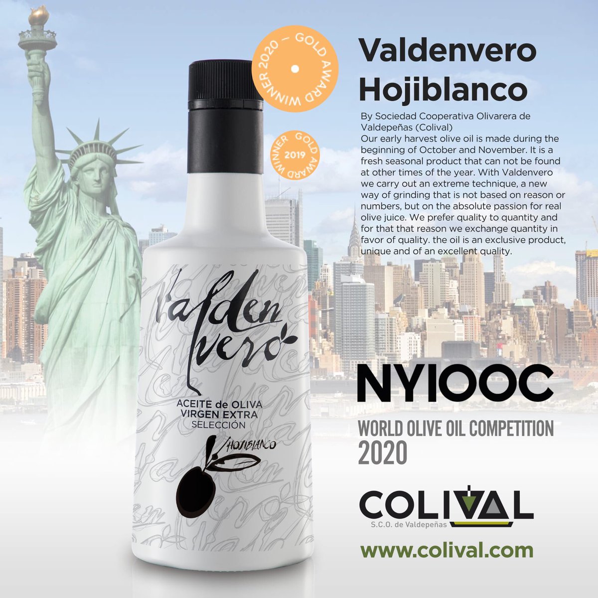 coopcolival's tweet photo. Desde NEW YORK, en el certamen New York International olive oil Competition, medalla de oro para nuestro VALDENVERO HOJIBLANCO 🎖

Cooperativa COLIVAL, almazara de aceite de oliva virgen extra de Valdepeñas, ha logrado Medalla de Oro en el prestigioso concurso de aceites New York https://t.co/GA4pZaCiWw