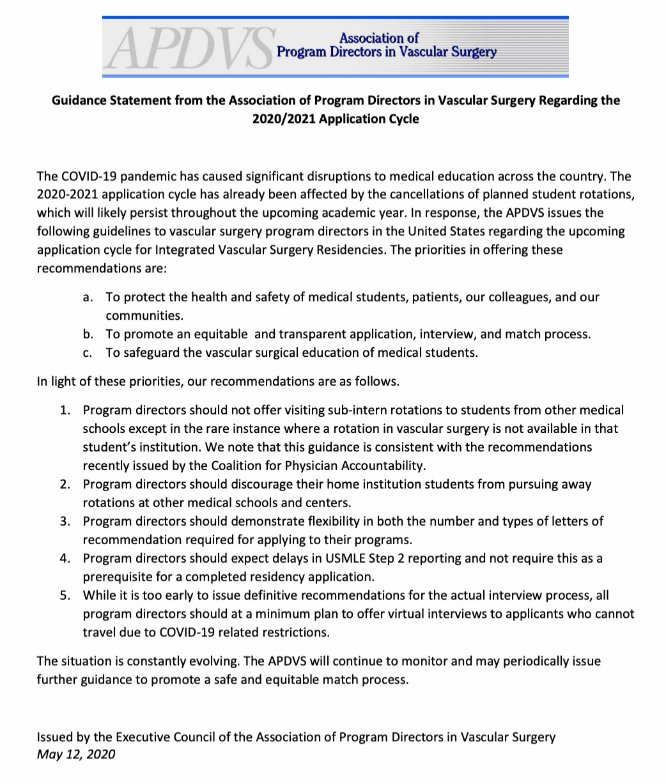 Published today: Guidance statement from the #APDVS regarding the 2020-2021/#Match2021 application cycle for integrated vascular surgery residency positions. @VascularSVS @VESurgery @AudibleBleeding