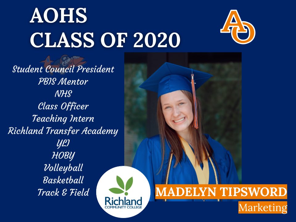 AOStuCo's tweet photo. Madelyn Tipsword will be attending Richland Community College and then transferring to a university to pursue a major in Marketing. Congratulations Maddy! #WeAreAO https://t.co/DBS8eKzq8L