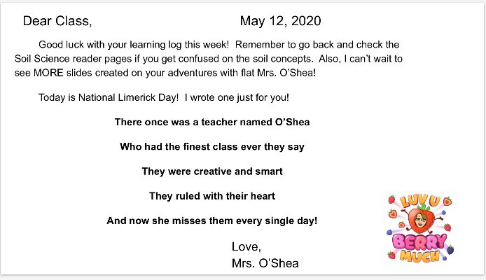 pam_oshea's tweet image. This morning I heard on the Today Show that it’s National Limerick Day! So I wrote one for my class for our morning meeting! 💕@CentervilleVB #NationalLimerickDay #VBAlwaysLearning