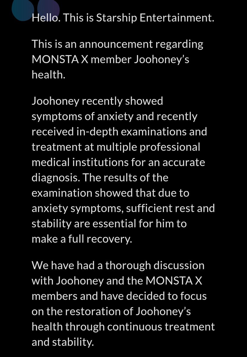 And after that, Starship announced that he will take a break from Monsta X due to anxiety symptoms, consequence of everything that happend.  @OfficialMonstaX  @official__wonho