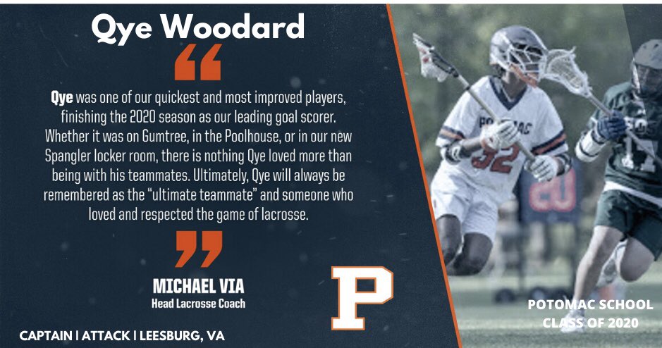 ⭐️ Senior Spotlight: Qye Woodard⁣
⁣
- Co-Captain &amp; 4-year member of the Potomac Lacrosse program⁣

- Founder &amp; Leader of the Young Democrats of Potomac Club 

- Member of the Potomac Pulse⁣

- Plans to attend Colgate University