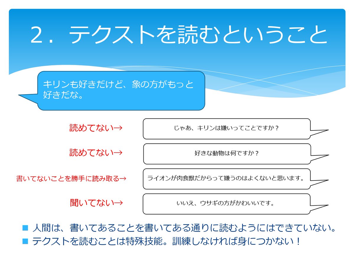 キリンも好きだけど 象の方が好きだな ライオンを嫌うのはよくない テクストを読むことは特殊技能で 訓練が必要という図 Togetter