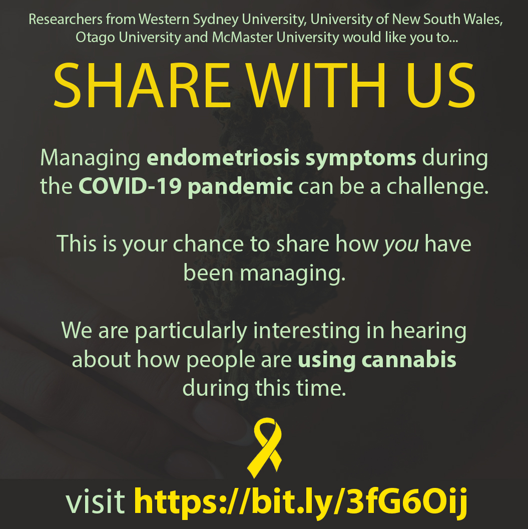 Have endometriosis? If you are between 18-55, we want to learn how you have managed endo symptoms during the COVID-19 pandemic. We are particularly interested in people's use of cannabis during this time. 

Please participate in our anonymous survey here: bit.ly/3fG6Oij