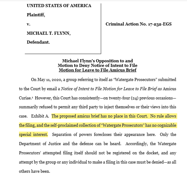 Flynn Update -  @SidneyPowell1 responds to the idea of allowing let outside briefing on the DOJ motion to dismiss."The proposed amicus brief has no place in this Court.""No further delay should be tolerated or any further expense caused to him and his defense."
