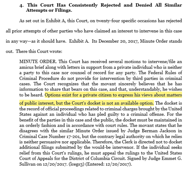 Of note is Judge Sullivan's prior denial of amicus briefing:"Options exist for a private citizen to express his views about matters of public interest, but the Court's docket is not an available option." Read the full motion here: https://www.scribd.com/document/461154903/US-v-Flynn-Motion-opposing-Amicus