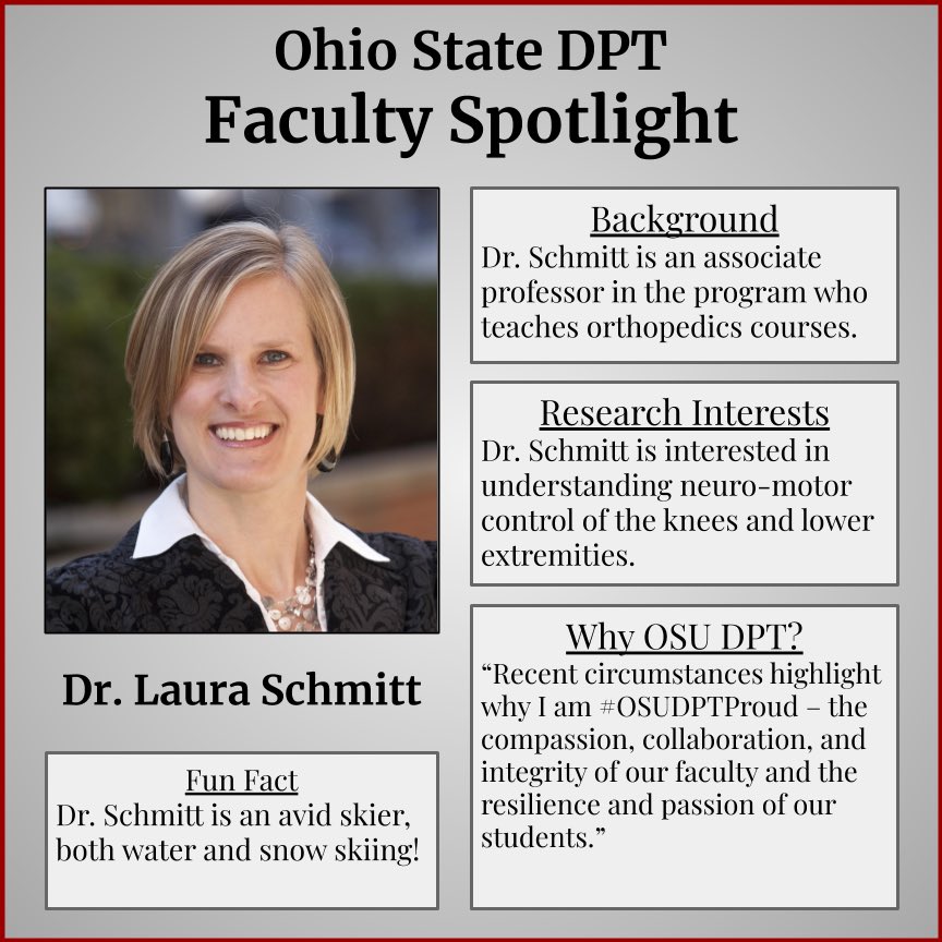 TheOhioStateDPT's tweet photo. 💡We are excited to showcase our next faculty highlight...Dr Laura Schmitt, our queen of knees! 👑🦵🏼She is an outstanding professor and continues to advance our profession through groundbreaking research and excellent clinical care. #OSUDPT https://t.co/NZquaQqAhm