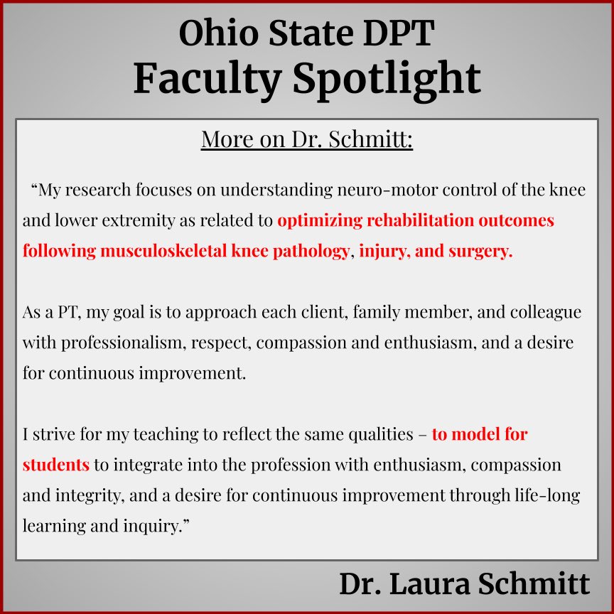 TheOhioStateDPT's tweet photo. 💡We are excited to showcase our next faculty highlight...Dr Laura Schmitt, our queen of knees! 👑🦵🏼She is an outstanding professor and continues to advance our profession through groundbreaking research and excellent clinical care. #OSUDPT https://t.co/NZquaQqAhm