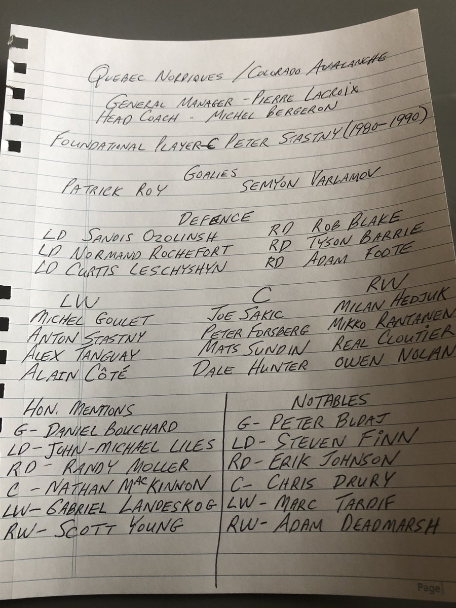 Andrew__Holland's tweet photo. As lifelong #Nordiques fan -my rosters for @TSNHockey #AllTime7. A Nords/Avs franchise & all Quรฉbec. Wish I had room at C for clutch Chris Drury & Stephane Yelle. Thanks 4 discussion & debate last 2+weeks! @TSNquizmaster @CraigJButton @GinoRedaTSN @rayferrarotsn @jamiemclennan29 https://t.co/OFjT2MXiRB