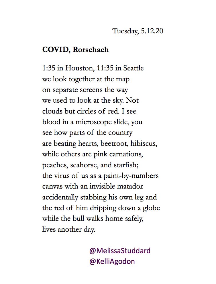 MelissaStuddard's tweet photo. "...I see
blood in a microscope slide, you
see how parts of the country
are beating hearts, beetroot, hibiscus,
while others are pink carnations,"
Co-authored with @KelliAgodon
Looking at the COVID map, we see Rorschach, cloud shapes
#dailywave
https://t.co/8lfEjxvEFE https://t.co/Fo91Akph2P