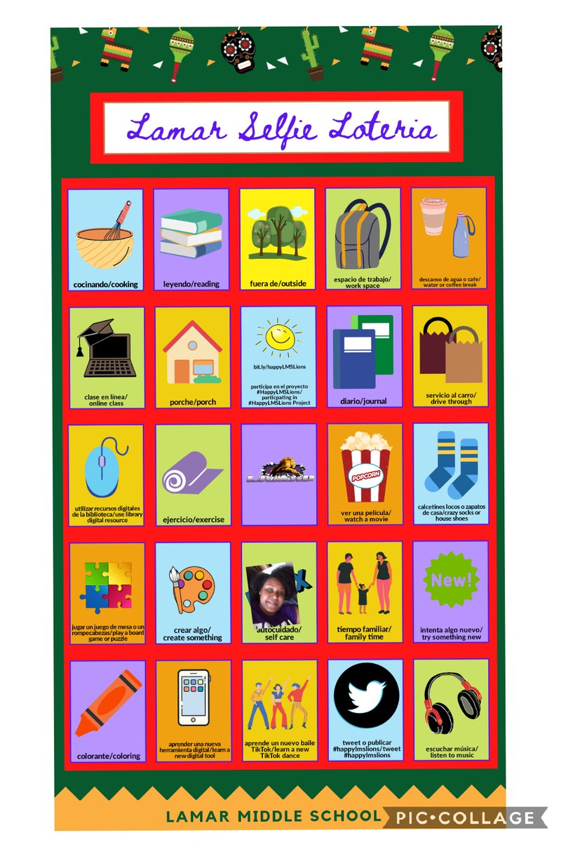 CoachBRich's tweet photo. It's @Lamar_MS Selfie Loteria time! What do your boards look like so far?! #selfie #Loteria #bingo #lmsvirtualspiritweek #iisdlamar #belonging #lmshappylions https://t.co/rvmbDx9bMN