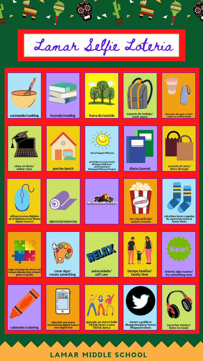 CoachBRich's tweet photo. It's @Lamar_MS Selfie Loteria time! What do your boards look like so far?! #selfie #Loteria #bingo #lmsvirtualspiritweek #iisdlamar #belonging #lmshappylions https://t.co/rvmbDx9bMN