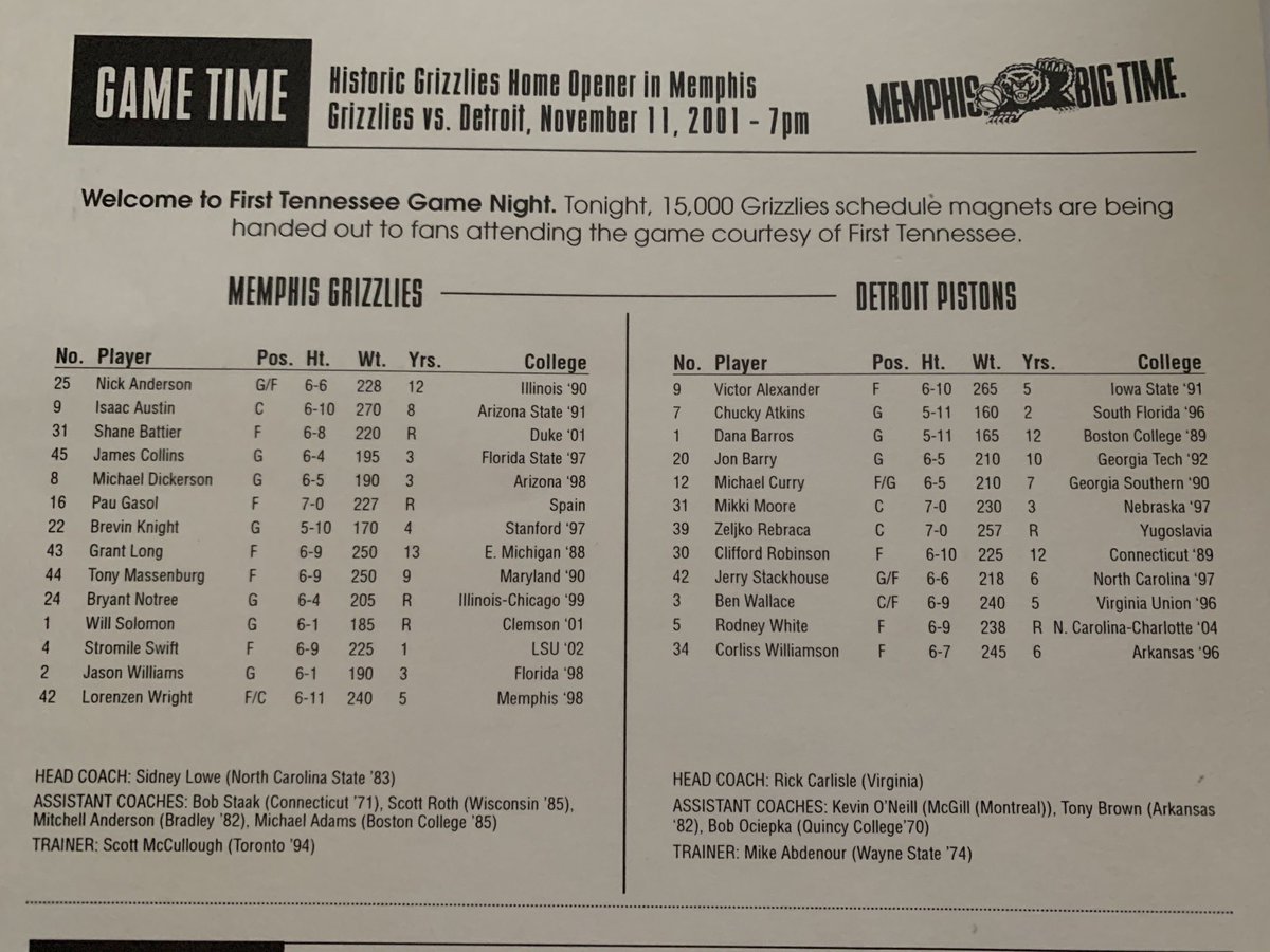 Mac_Trammell's tweet photo. Wow, look at what I found at my folks’ house. Opening night poster/program from the very first game the Grizzlies played in Memphis in 2001 #RIPRen https://t.co/cClo66BG9y