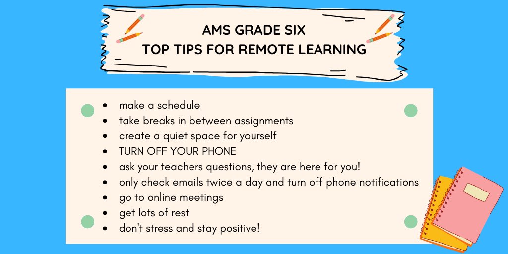 Remote learning stressing you out?  I asked my 6th graders to share their top tips to stay afloat.  Have any more tips?  Share them here!  #AMSCounseling #remotelearning #SEL #InThisTogether