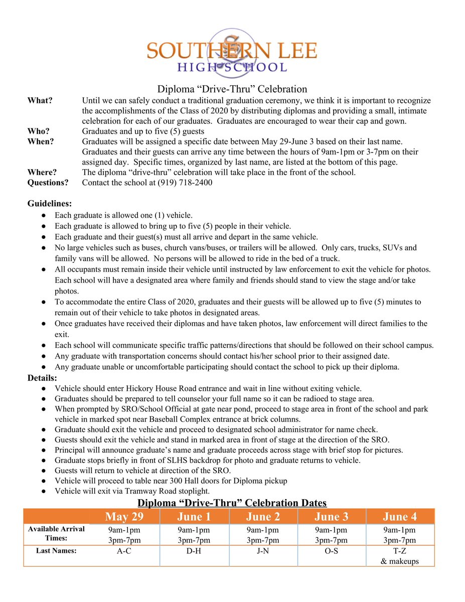 Lee County Schools seniors, mark your calendars for the LCS Diploma Drive-Thru Celebrations! Until we can safely conduct a traditional graduation ceremony, we think it is important to recognize the accomplishments of the Class of 2020 by distributing diplomas...