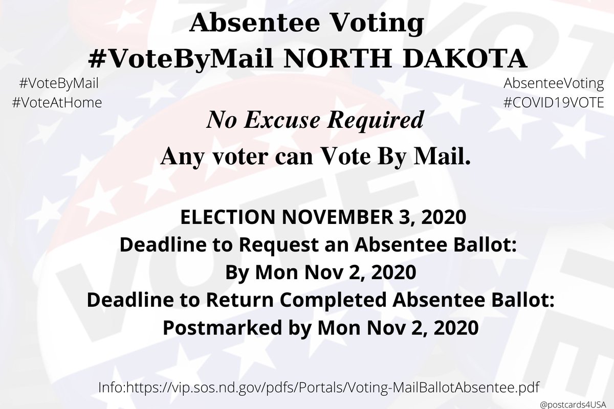 NORTH DAKOTA  #ND  #VoteByMailApplication  https://vip.sos.nd.gov/absentee/Default.aspxInfo  https://vip.sos.nd.gov/pdfs/Portals/Voting-MailBallotAbsentee.pdfCounty Auditors  https://vip.sos.nd.gov/CountyAuditors.aspx #AbsenteeVoting  #DemCastND THREAD  #PostcardsforAmerica