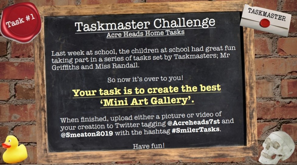 Acreheads7ST's tweet photo. Don't forget to share your first Taskmaster Challenge creations with us this week! All creations will be awarded 50 rainbow smiles ๐๐ #SmilerTasks @Acreheads7ST @Smeaton2019 https://t.co/PpnZccWyNm