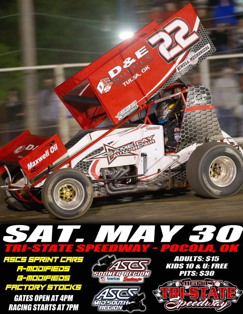 #ascs #mightytss #50yearsstrong

@LucasOilASCS  Sprint Car Series!
<a href="/ASCSMidSouth/">ASCS Mid-South</a> vs. <a href="/ASCSSooner/">ASCS Sooner</a>!
Mighty <a href="/Tri_State_Spdwy/">Tri-State Speedway</a> #MemorialDayWeekend!
Racing in USRA B-Mods, USRA Modifieds &amp; Factory Stocks!
$15 stands-kids under 10 FREE!
$30 pits-kids 6-12 $15!
Tri-StateSpeedway.com