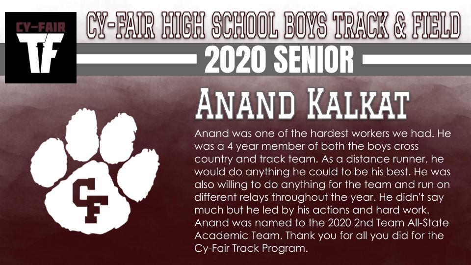 BFNDAthletics's tweet photo. Boys track is next as we continue to recognize the Class of 2020 Cy-Fair Bobcat athletes. Anand Kalkat, Andy Rigas and Payton Tally ! #BFND #CFHS2020 https://t.co/XjLohWGNxK