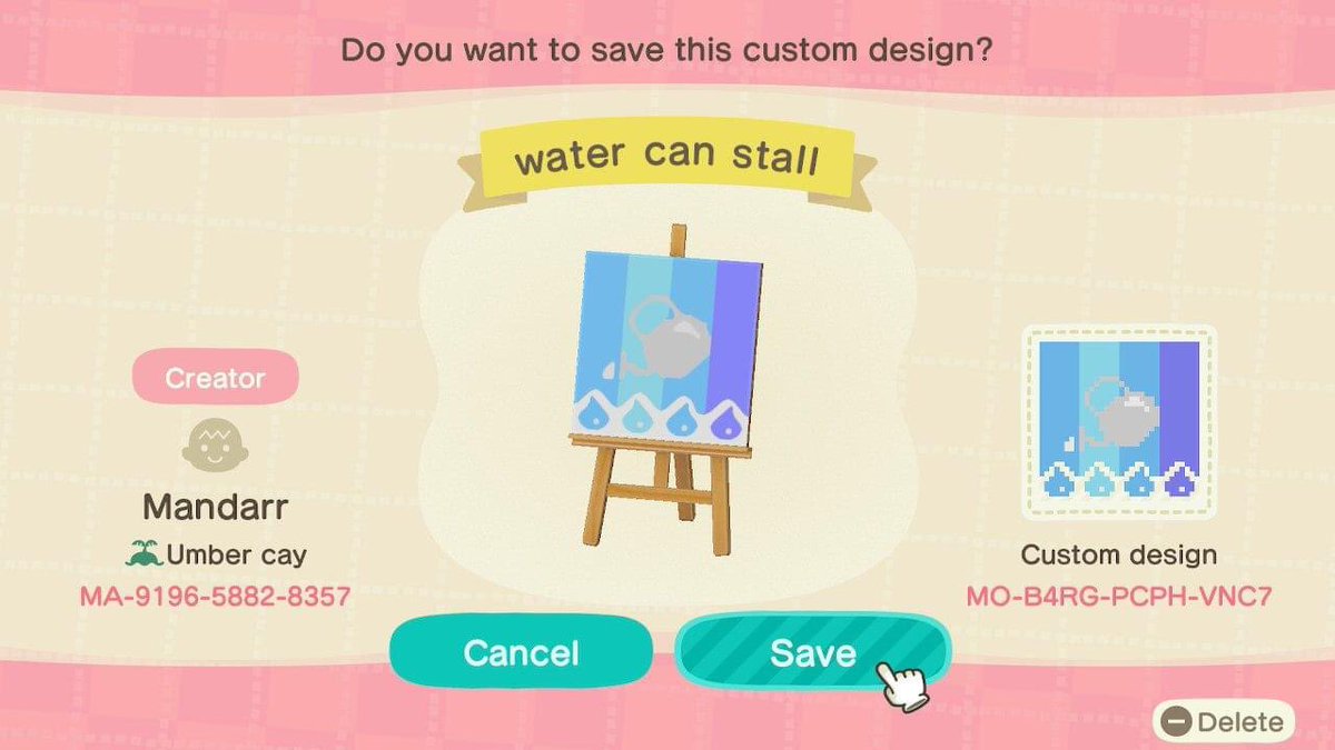 Mandarr's tweet photo. I made some cute #AnimalCrossing #stalldesigns! The main one is a water can stall where you can drop watering cans for visitors to use to water your flowers! Feel free to use them, and if you’d like custom color scheme let me know! https://t.co/UlLUcQHypB