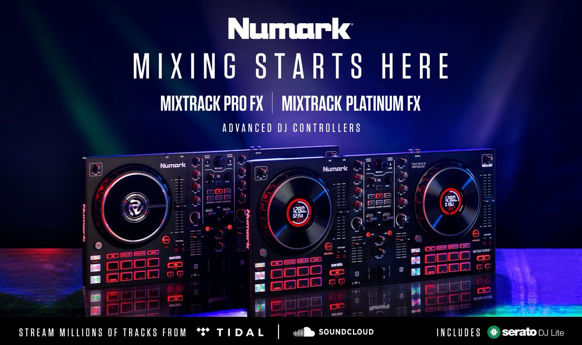 SimplySoundLtd's tweet photo. 🔥 NEW Controllers from Numark! 🔥

The latest editions to the Mixtrack Family have arrived!

▪️ Mixtrack Pro FX only £215
▪️ Mixtrack Platinum FX only £245

Check them out 👉 https://t.co/JqxpT7ErjT https://t.co/a0Cm2jUrfg