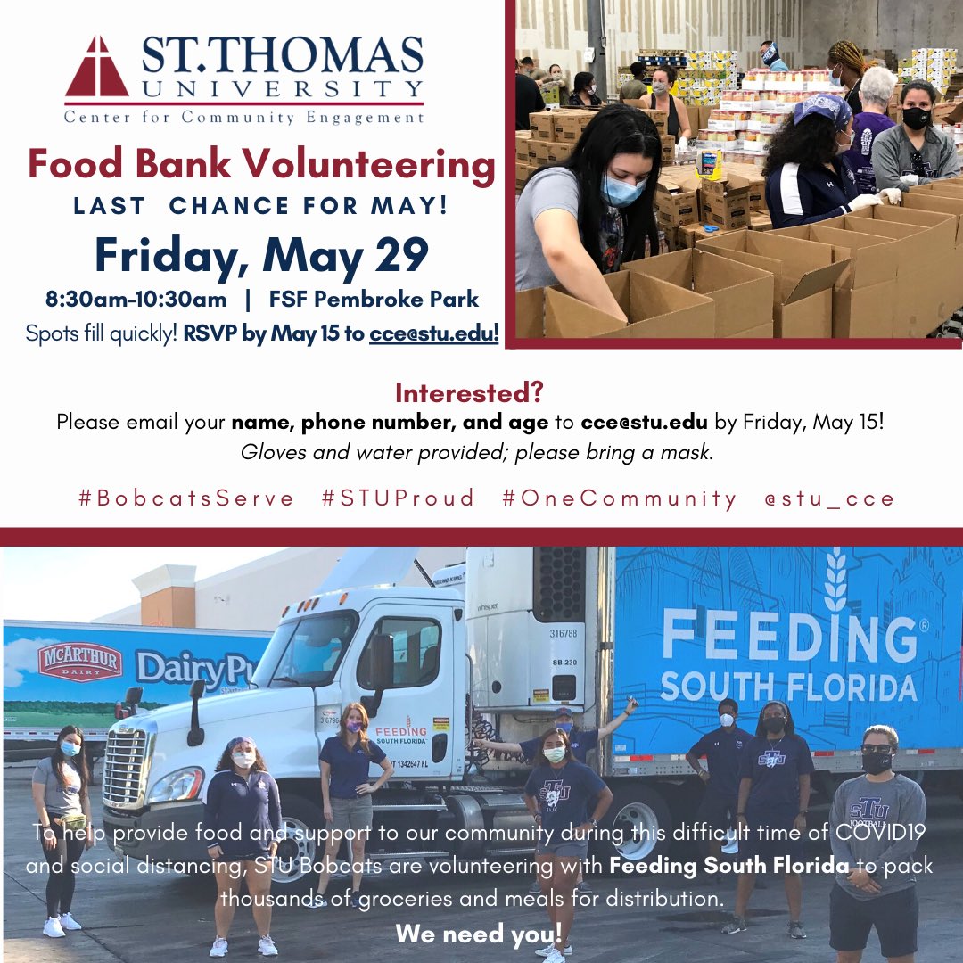 stu_cce's tweet photo. Feeling grateful, Bobcats?  🥰☀️🎓💪🏼  Then come join your @StThomasUniv community for our last #SafeServiceFridays ! Spots fill up quickly so email cce@stu.edu by this Friday (5/15) if you are interested.  
Come see what all the fuss (fun) is about! 👍🏽👍🏿👍🏻 https://t.co/G6s0164kT3