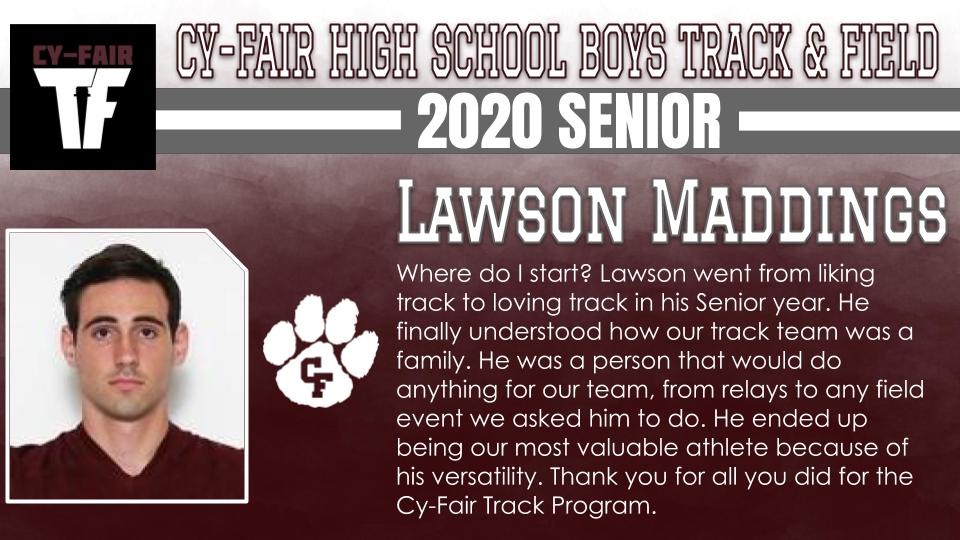 BFNDAthletics's tweet photo. Boys track is next as we continue to recognize the Class of 2020 Cy-Fair Bobcat athletes. Damani Gibson and Lawson Maddings! #BFND #CFHS2020 https://t.co/p69AYOVAki