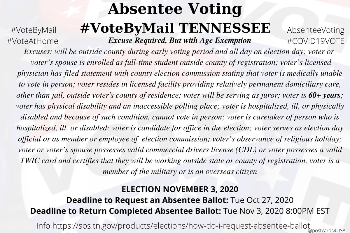 TENNESSEE  #TN  #VoteByMailApplication  https://sos-tn-gov-files.s3.amazonaws.com/5%20Request%20for%20Absentee%20Ballot.pdfCounty Election Commissions  https://tnsos.org/elections/election_commissions.phpEMERGENCY https://sos.tn.gov/products/elections/how-do-i-request-absentee-ballotPhysicians Statement form  https://sharetngov.tnsosfiles.com/sos/election/forms/ss-3023.pdf #AbsenteeVoting  #DemCastTN THREAD  #PostcardsforAmerica