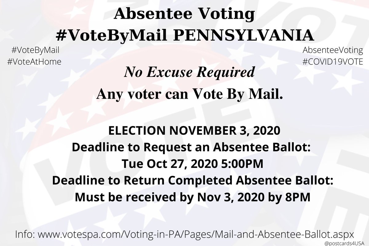 PENNSYLVANIA  #PA  #VoteByMailApplication  https://www.votespa.com/Register-to-Vote/Documents/PADOS_MailInApplication.pdfOnline  https://www.pavoterservices.pa.gov/OnlineAbsenteeApplication/#/OnlineAbsenteeBeginInfo  https://www.votespa.com/Voting-in-PA/Pages/Mail-and-Absentee-Ballot.aspxCounty Election Officials  https://www.votespa.com/Resources/Pages/Contact-Your-Election-Officials.aspx*Primary now on June 2nd.  #AbsenteeVoting  #DemCastPA THREAD #PostcardsforAmerica