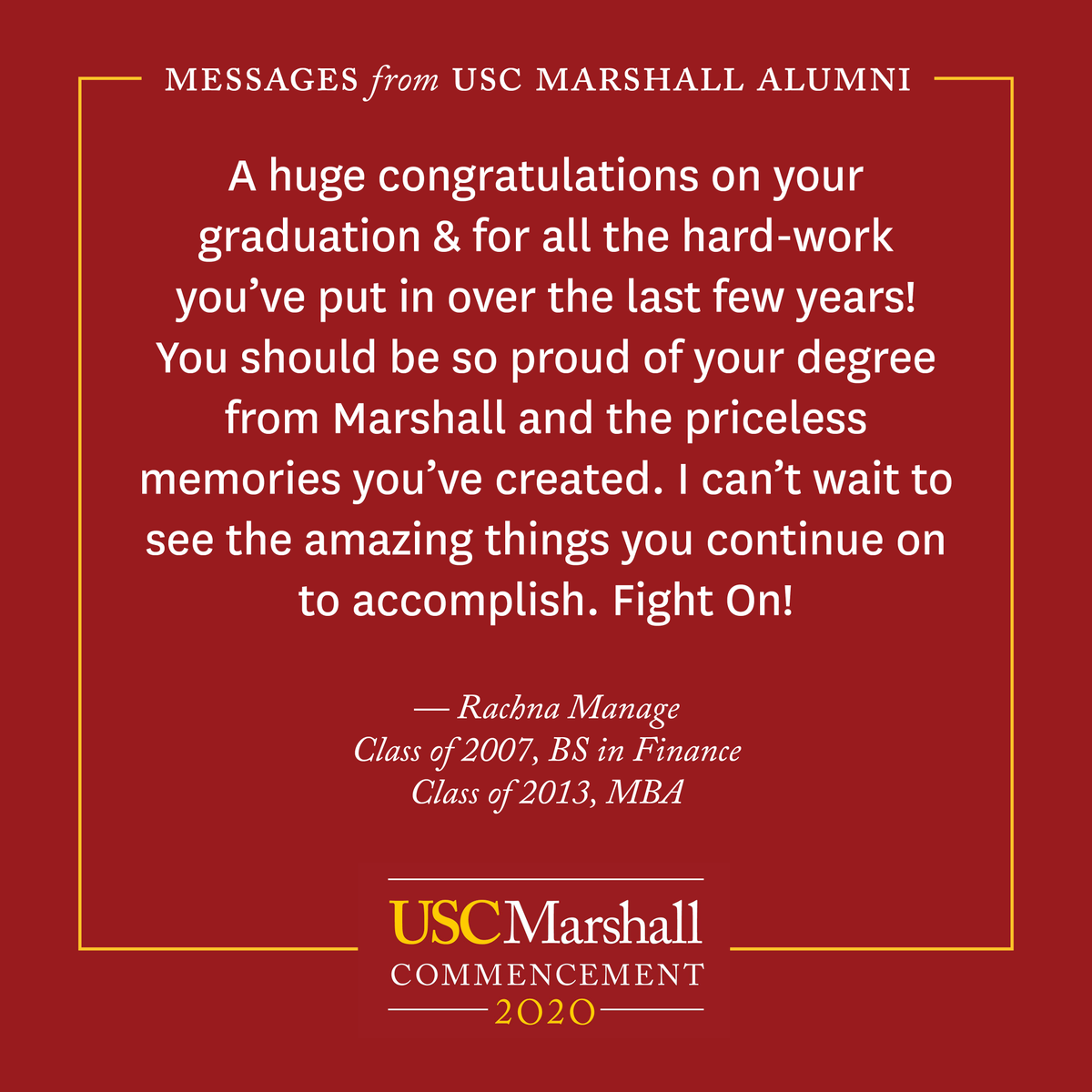 USCMarshallAlum's tweet photo. As commencement draws near, our USC Marshall alumni wanted to share a few words of congratulations to our 2020 graduates.
#USCGrad #2020Trojan #USCMarshallGrad #USCLeventhalGrad https://t.co/agsTCQGcGB