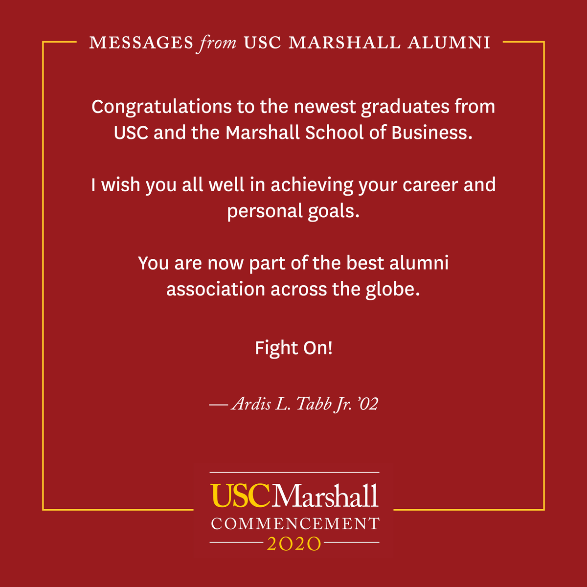USCMarshallAlum's tweet photo. As commencement draws near, our USC Marshall alumni wanted to share a few words of congratulations to our 2020 graduates.
#USCGrad #2020Trojan #USCMarshallGrad #USCLeventhalGrad https://t.co/agsTCQGcGB