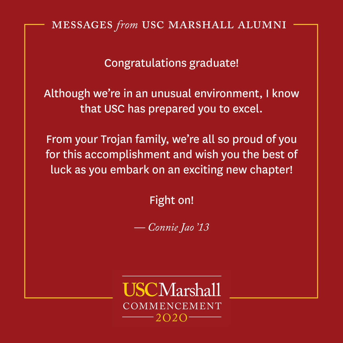 USCMarshallAlum's tweet photo. As commencement draws near, our USC Marshall alumni wanted to share a few words of congratulations to our 2020 graduates.
#USCGrad #2020Trojan #USCMarshallGrad #USCLeventhalGrad https://t.co/agsTCQGcGB