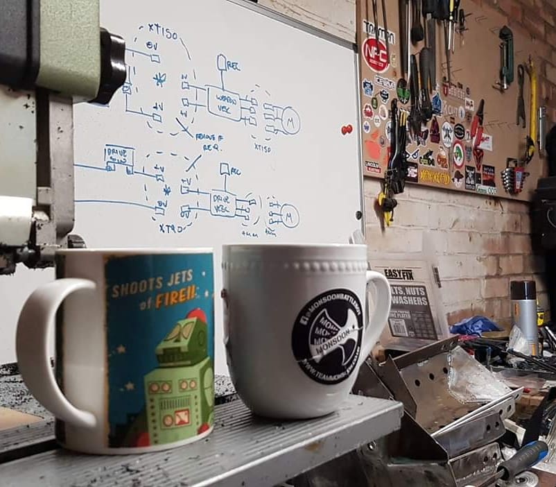MonsoonRobot's tweet photo. #TheMakingofMonsoon
π€Soon we had welded up enough of the chassis to test fit some electronics - so we could finally think about driving!
β±Tim spent the best part of a weekend soldering whilst Tom and Rory battle-hardened motors, set up our Trampa VESCs and made more wheels! https://t.co/7YL8DEZLV3