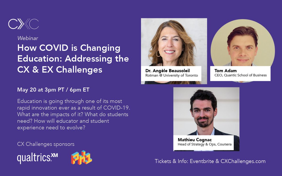 cxchallenges's tweet photo. Learn how @QuanticSchool and @coursera are changing #education and how others will be forced to adapt because of #COVID19. We'll focus on discussing how to improve the student experience and educator experience
https://t.co/Wzn71367yy https://t.co/WCd7sdISr8