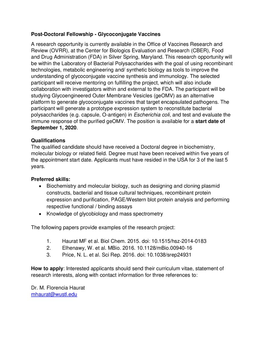 Excited to share that I’m starting my own group in the Laboratory of Bacterial Polysaccharides at the FDA’s Center for Biologics Evaluation &amp; Research, Office of Vaccines Research and Review this September. Looking for a postdoc to investigate glycoconjugate vaccines #glycotime