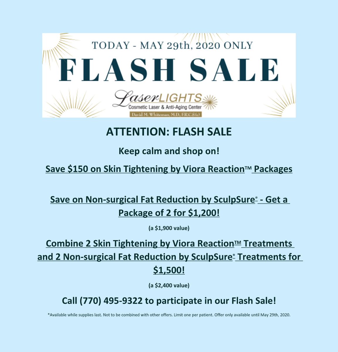 AtLaserLights's tweet photo. Keep calm and shop on with our amazing May flash sale! Check out the flyer below for details and call (770) 495-9322 to take advantage of these deals. 

Visit us online at https://t.co/QuQreikg7W! https://t.co/aREzu7dl5h