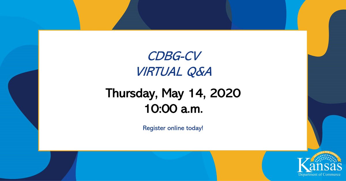 Are you a Kansas county or city interested in applying for a CDBG-CV grant to help support businesses and organizations in your community? Join us for a virtual Q&amp;A to learn more from the team at Commerce. THURSDAY, MAY 14, 10:00 AM Register here: bit.ly/2WpH7Lc.