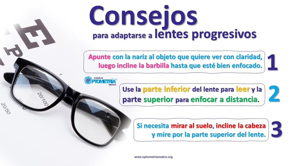 OptometriaMexic's tweet photo. Lentes progresivos ayudan a enfocar a diferentes distancias sin cambiar de anteojos. La adaptación a este sistema lleva varias semanas. Lo importante es no desesperar y asegurarse de que estén bien graduados por un Lic. en Optometría con título y cédula profesional.👩🎓👨🎓
#Optotips https://t.co/nSpJ3i4hRJ