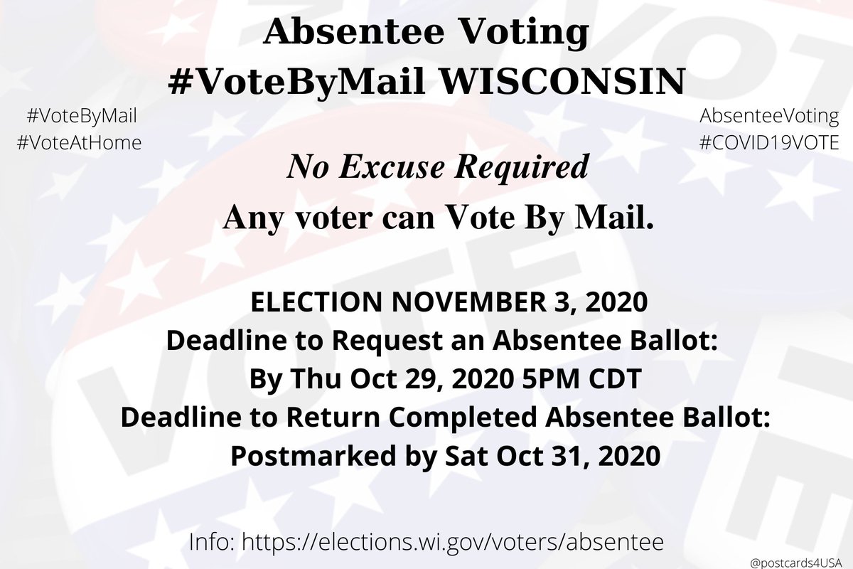 WISCONSIN  #WI  #VoteByMailApplication  https://elections.wi.gov/forms/el-121-englishInfo  https://elections.wi.gov/voters/absentee County Election Offices  https://elections.wi.gov/clerks/directory/county-websites #AbsenteeVoting  #DemCastWI THREAD  #PostcardsforAmerica