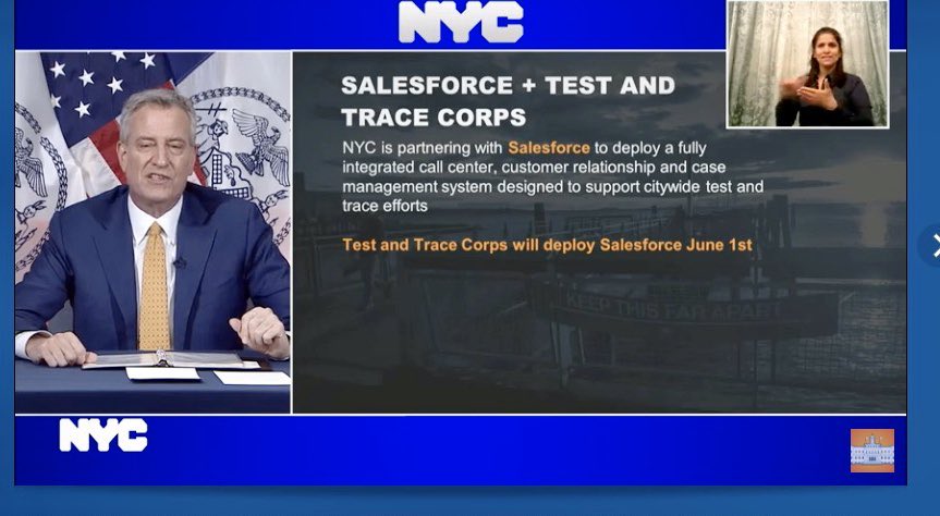 Benioff's tweet image. NYC+SALESFORCE+TEST &amp;amp; TRACE CORPS. NYC is partnering with us to deploy a fully integrated call center, customer relationship &amp;amp; case management system designed to support citywide test &amp;amp; trace efforts.  Test &amp;amp; Trace Corps will deploy June 1.
Learn more: work.com