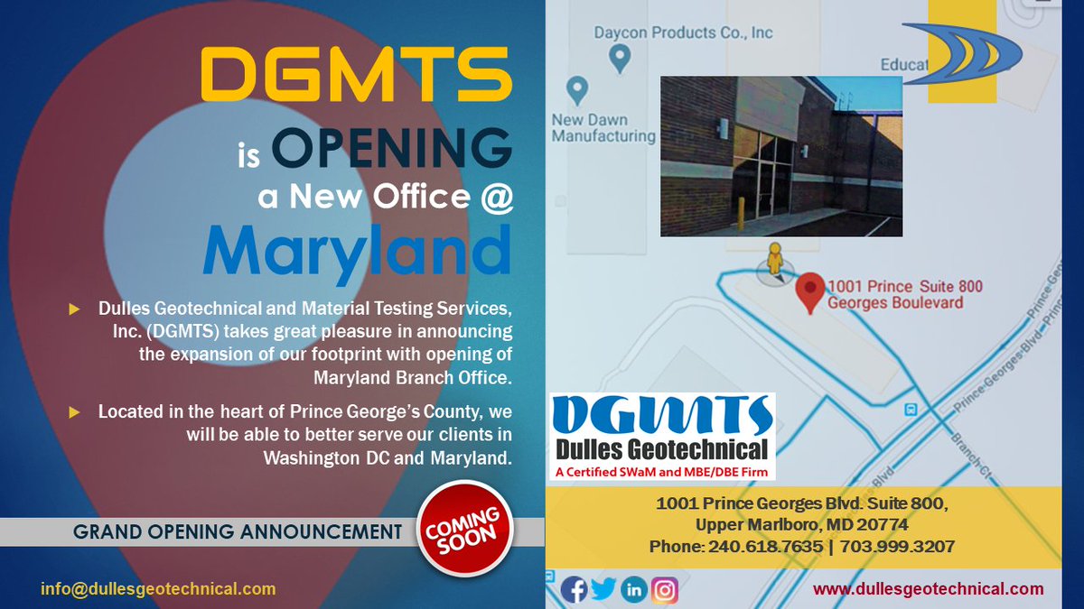 DGMTS3's tweet image. Pleased to announce opening of our newest Maryland office strengthening our presence in DC Metro Area marking our 3rd office after DC &amp;amp; Chantilly VA Headquarters enabling us to offer better #GeotechEngineering #MaterialTesting #SpecialInspection services to DC &amp;amp; Maryland clients.